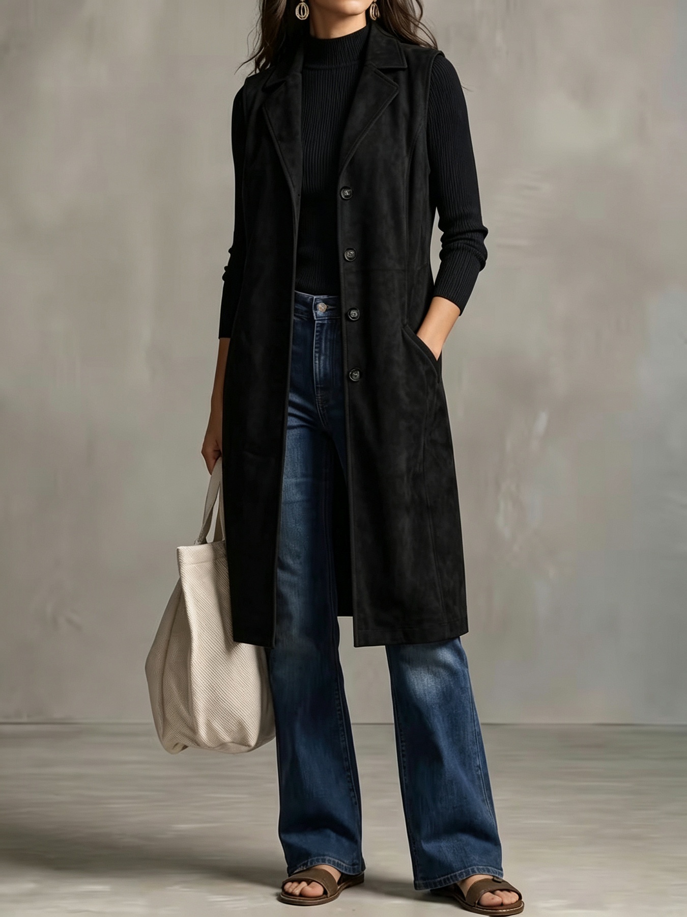 Women's Mid-length Sleeveless Blazer Vest Jacket photo 2