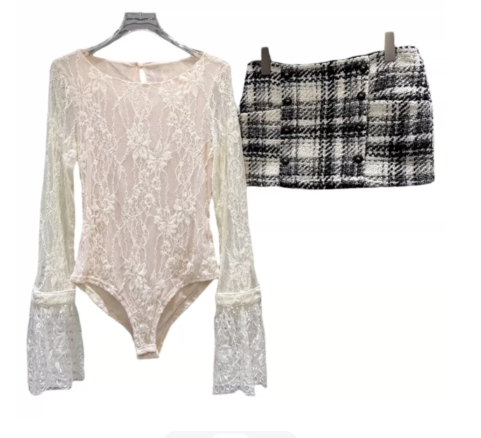 Elegant Socialite-style Lace Jumpsuit With Flared Sleeves Paired With A Plaid Midi Skirt photo 3