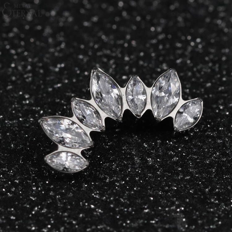 Grandeur Spark 16 Gauge Implant Grade Titanium Internally Threaded Labret With Marquise And Round CZ Fan Top photo 4